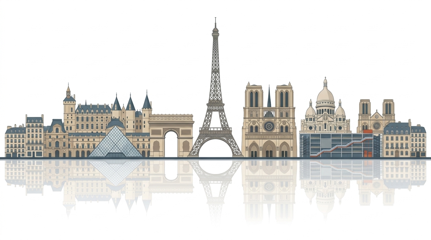 France Paris Skyline - Eiffel Tower, Louvre & Arc de Triomphe